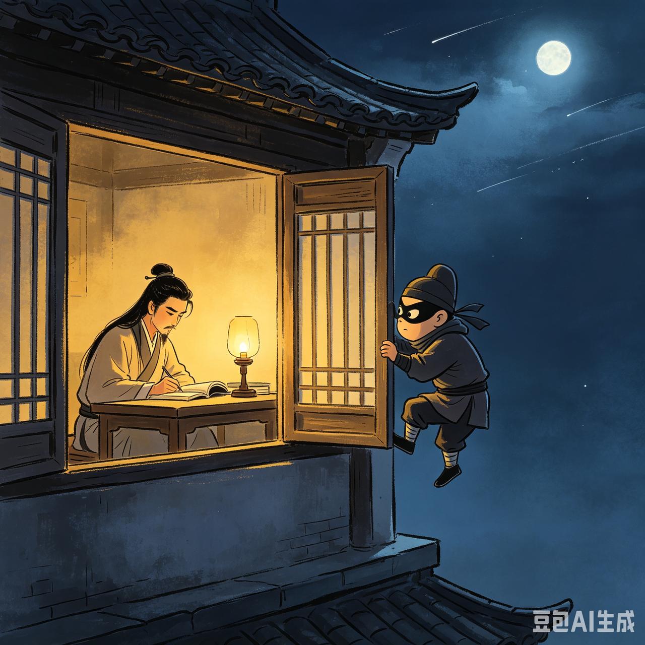 从前，有小偷潜入一个书生家里偷东西，书生读书刻苦，深夜还在吟哦诗词，小偷藏身旮旯