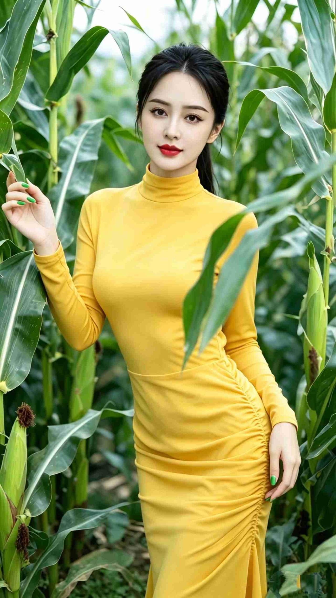 《青禾黄裙》万顷青禾叠翠浪，长裙一染嫩姜黄。高领轻收温婉骨，纤腰暗拢软云