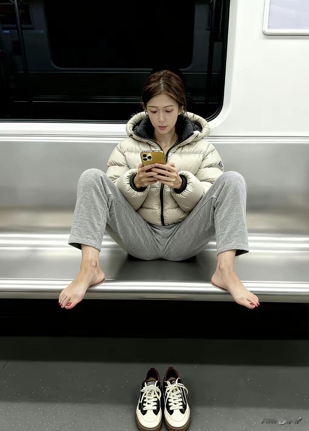 现在的女生都这么奔放吗？地铁上坐姿也太奇特，确定这样做好吗？毕竟地铁是个公