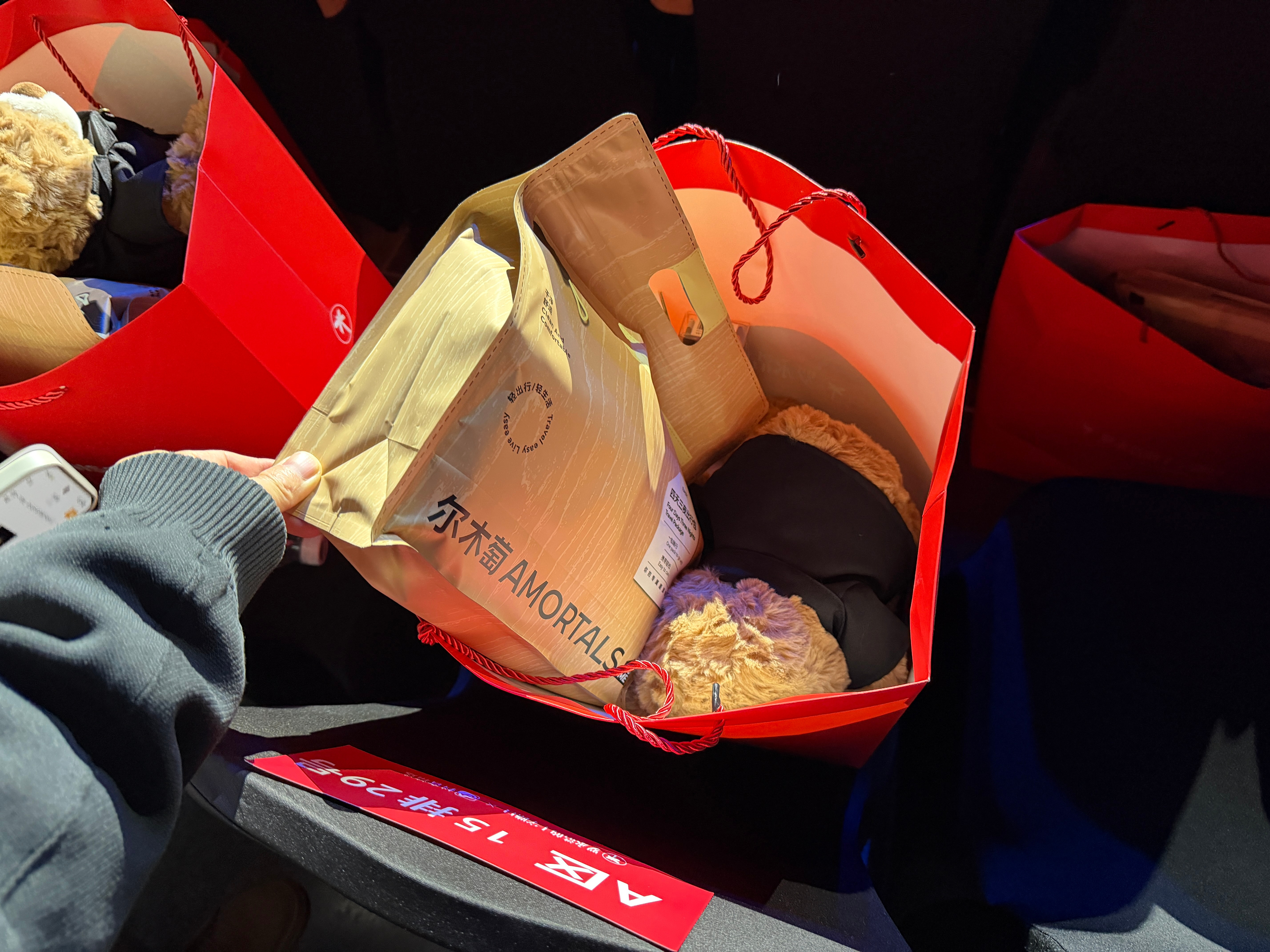 1000的门票离舞台好远啊！每个座位都送了一个礼包，品牌方赞助的