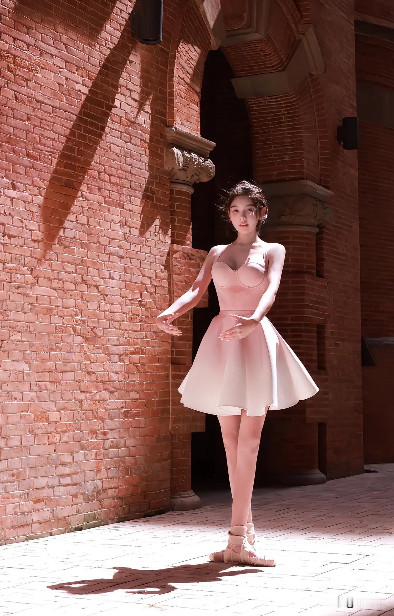 阳光下的优雅舞者，红砖墙前的柔美瞬间