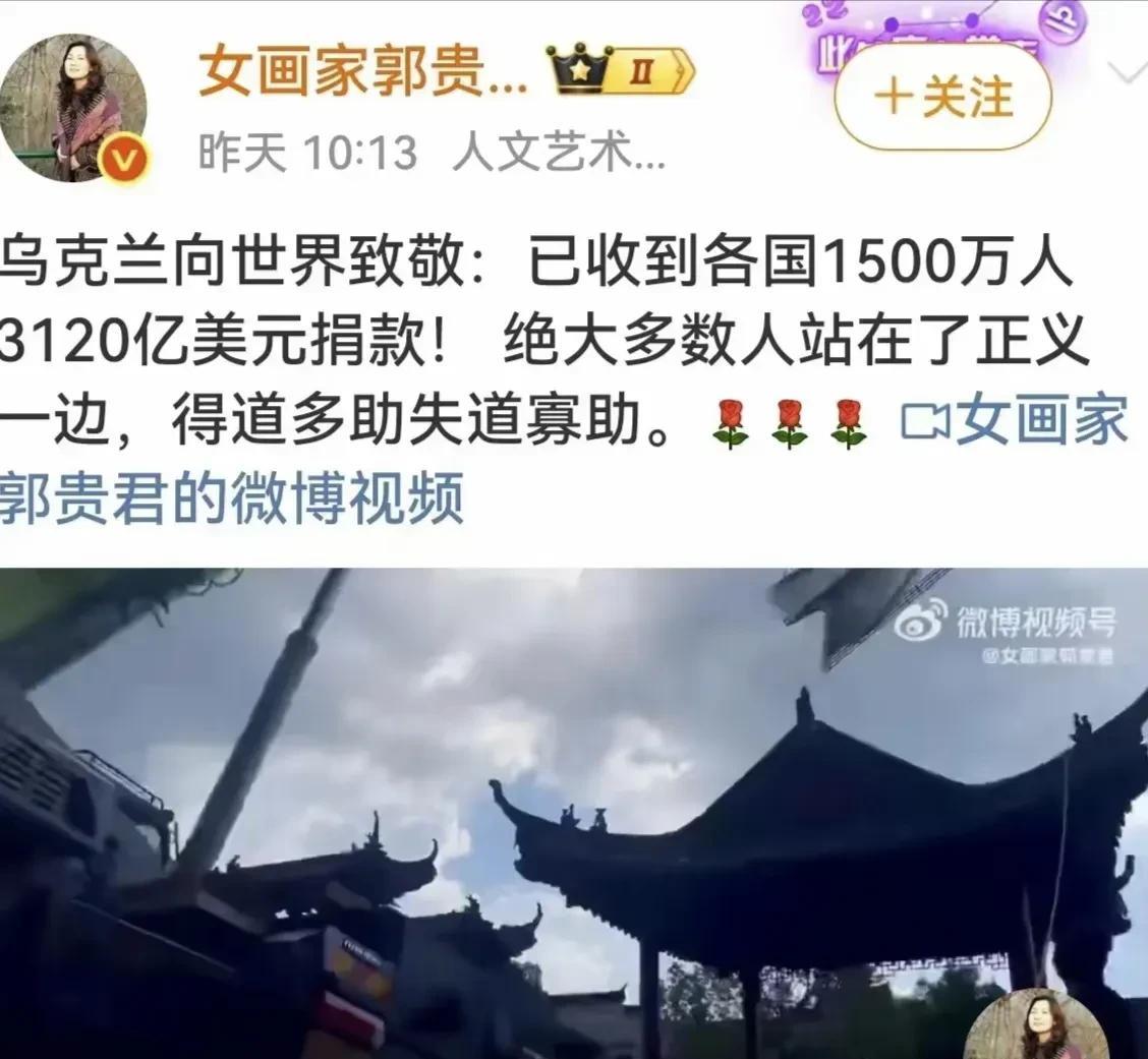女画家郭贵君炫富堪比郭美美，只是这智商堪忧，1500万人向乌克兰捐款3120亿美