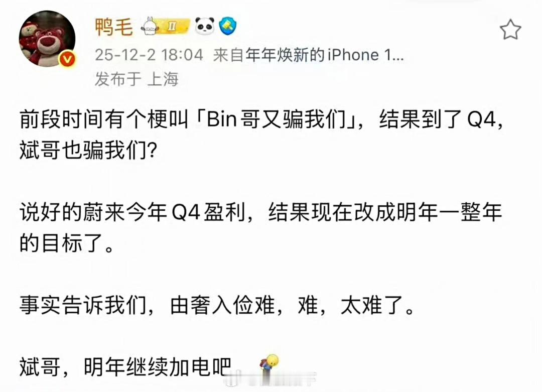 李斌原话是：今年Q4盈利目标不变，且很大概率能实现，2026全年目标盈利。听不懂