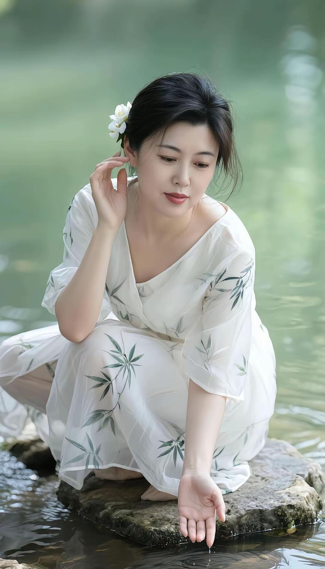 一位女士在湖边静静地坐着，享受自然。