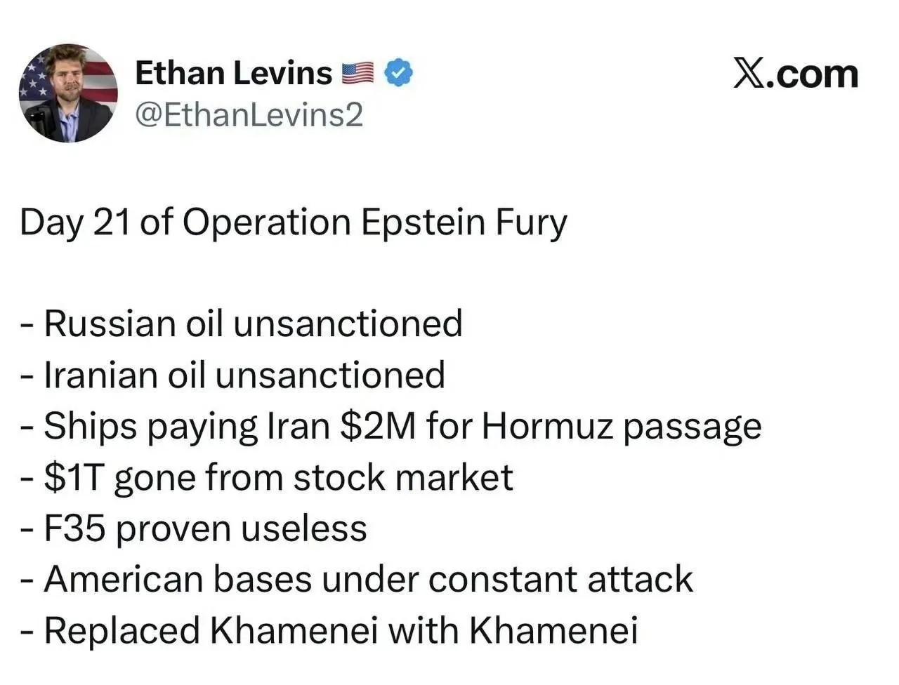 美国人对老特现在看的是越来越透，总结了开战三周以来老特的成果：1.解除了对俄