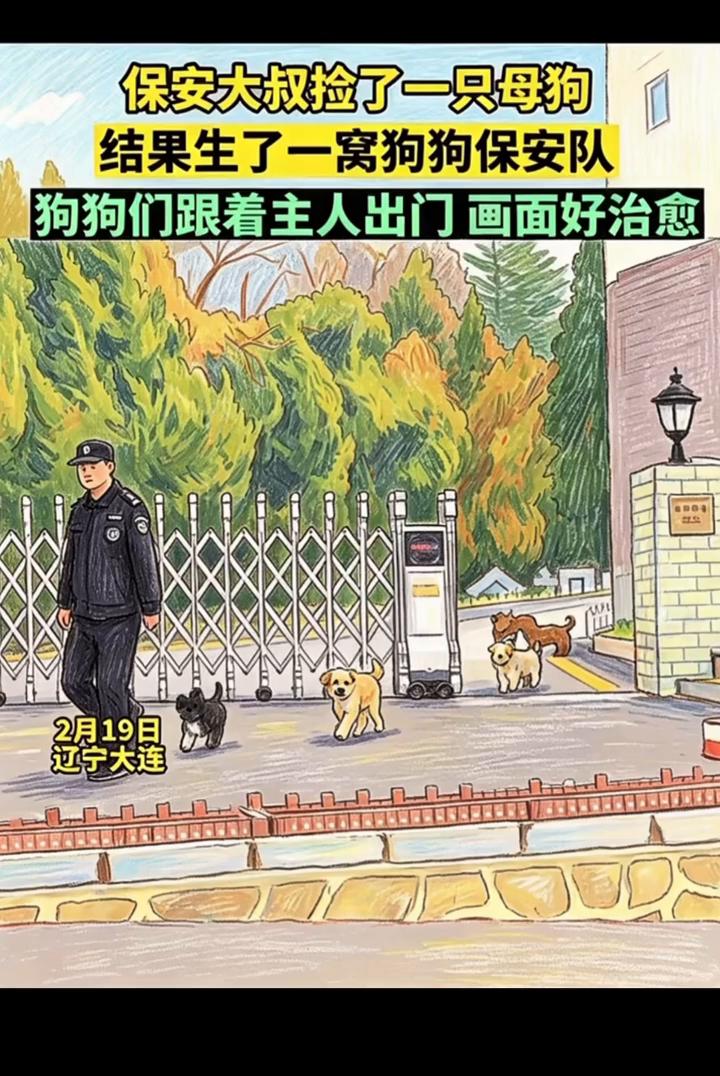 保安大叔捡了一只母狗，结果生了一窝狗狗，保安队狗狗们跟着主人出门画面好治愈。2