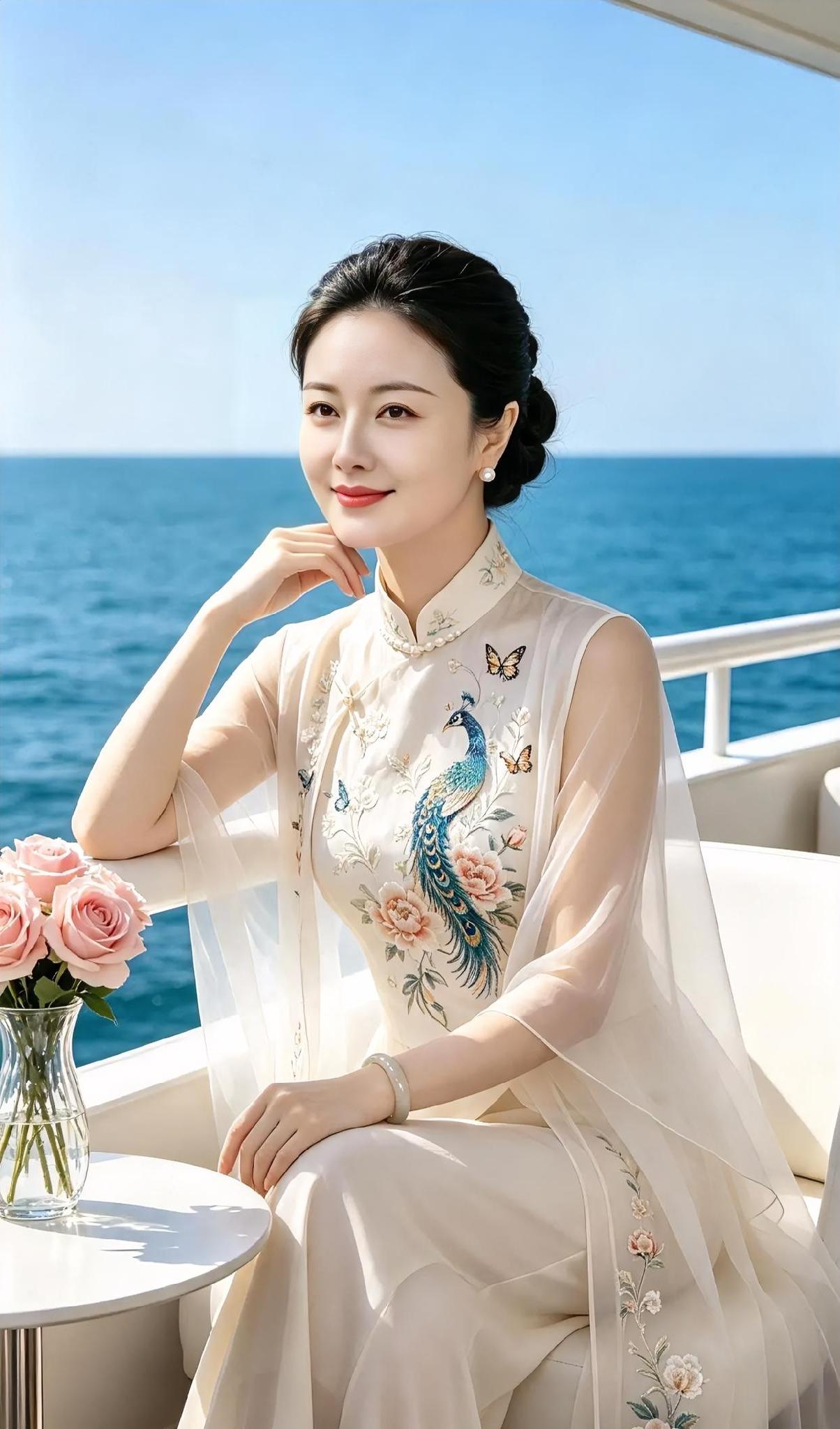 海风轻轻，她坐在蓝天下。旗袍绣着孔雀与花，纱袖飘着温柔。桌边玫瑰