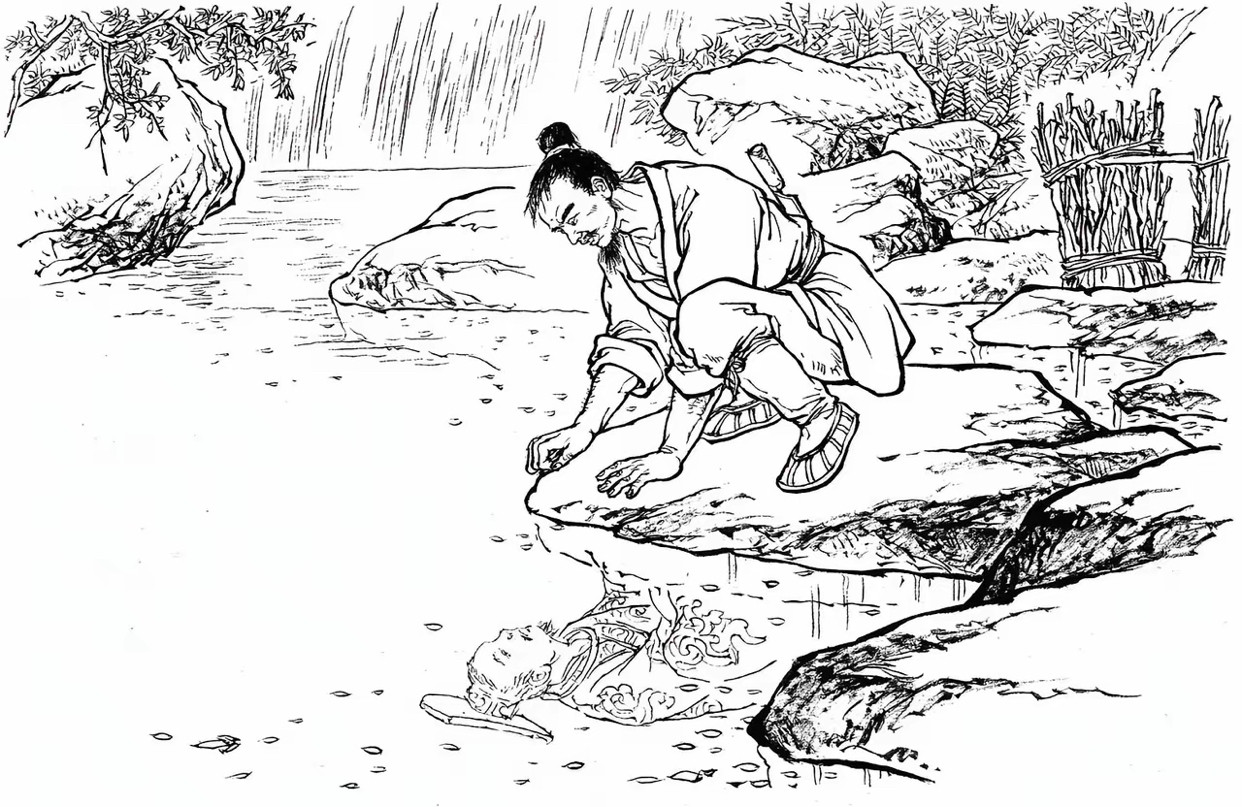 樵夫于溪边洗脸之时，竟从水中倒影里瞧见自己头戴平天冠、身着龙袍的模样。自那以后，他便越发觉得自己是真