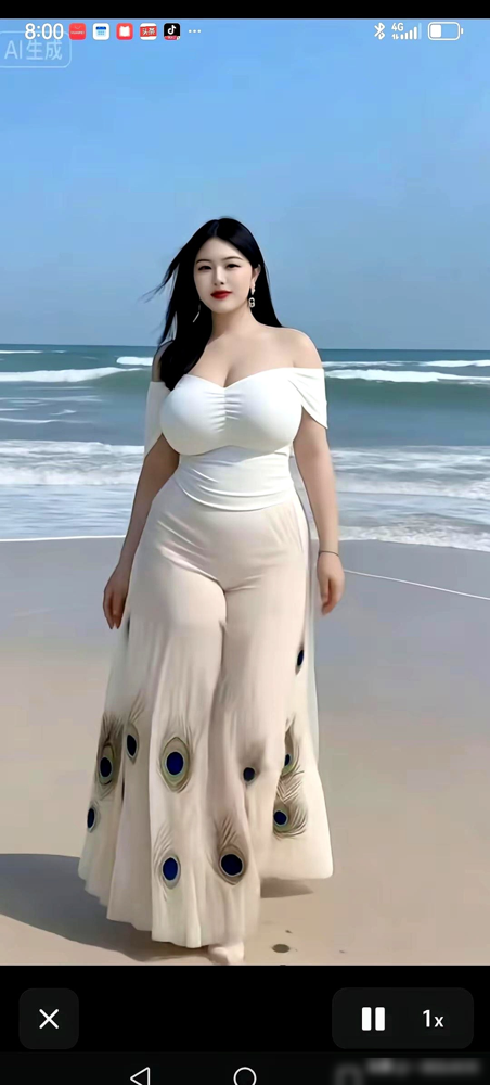 赵昭仪这组海边图，第一眼差点没认出来。米白色裙子拖在沙子上，头上裹着薄纱，光着脚往那儿一站，浪就在身