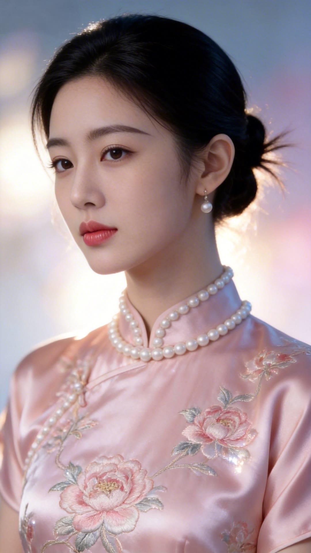 温婉优雅的东方美人，粉色旗袍尽显古典韵味。