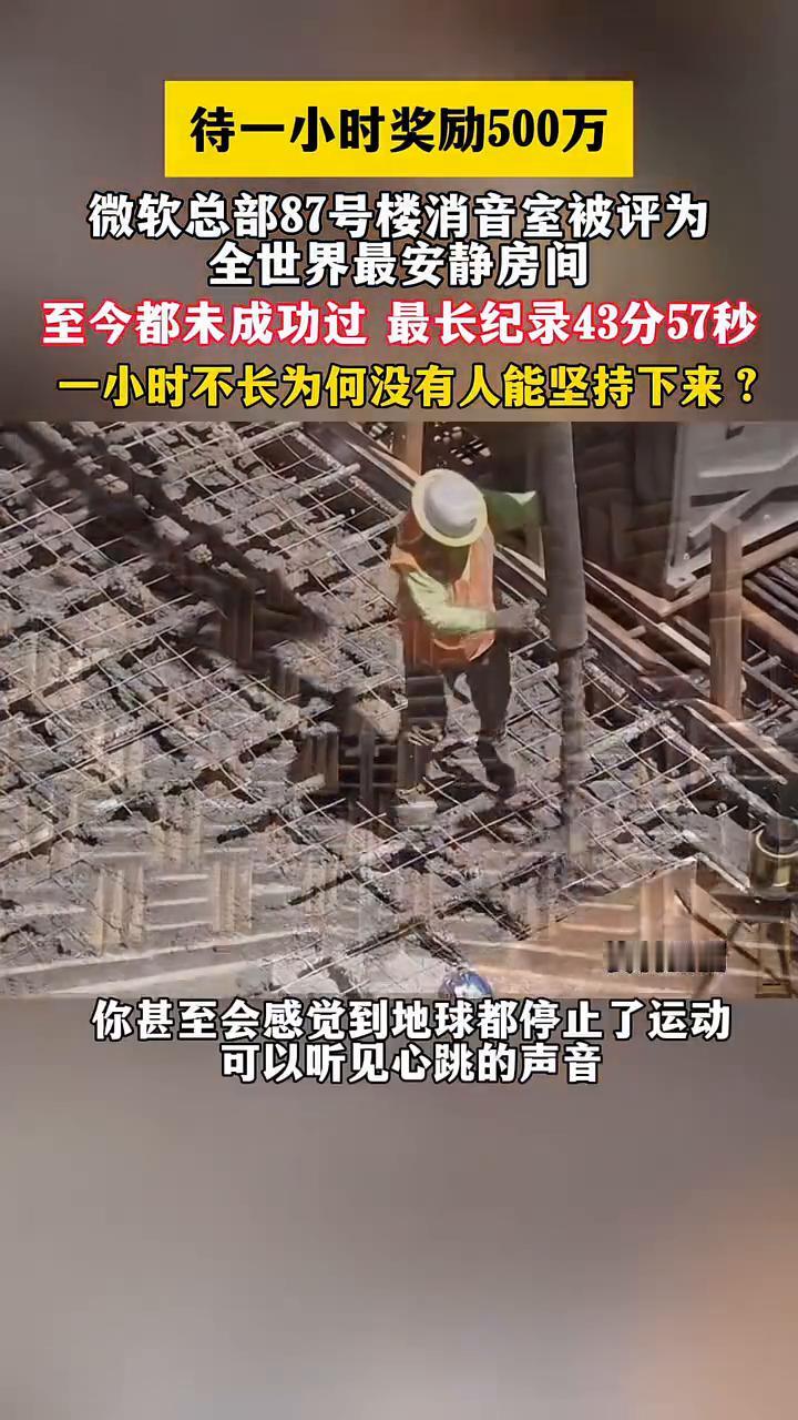 待一小时奖励500万。微软总部87号楼消音室被评为全世界最安静房间，至今都未成