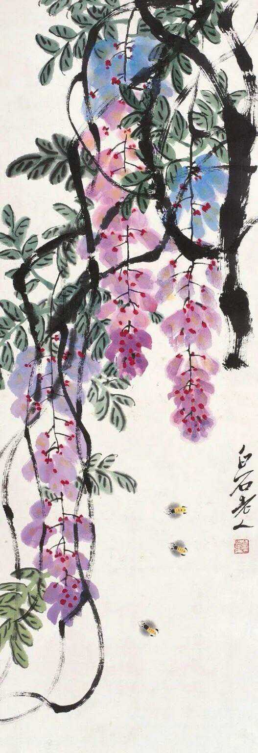 齐白石紫藤蜜蜂。齐白石对紫藤情有独钟，画藤如蛇，几串紫藤开得姹紫嫣红，在紫藤的