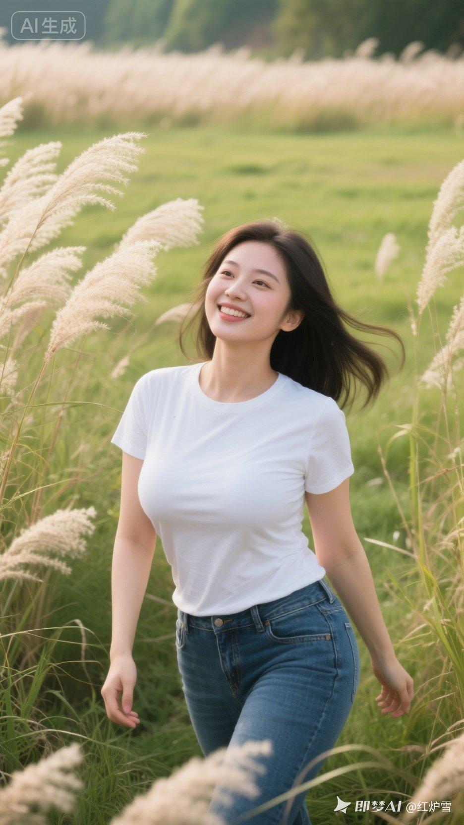在草地上，女孩开心地微笑着。