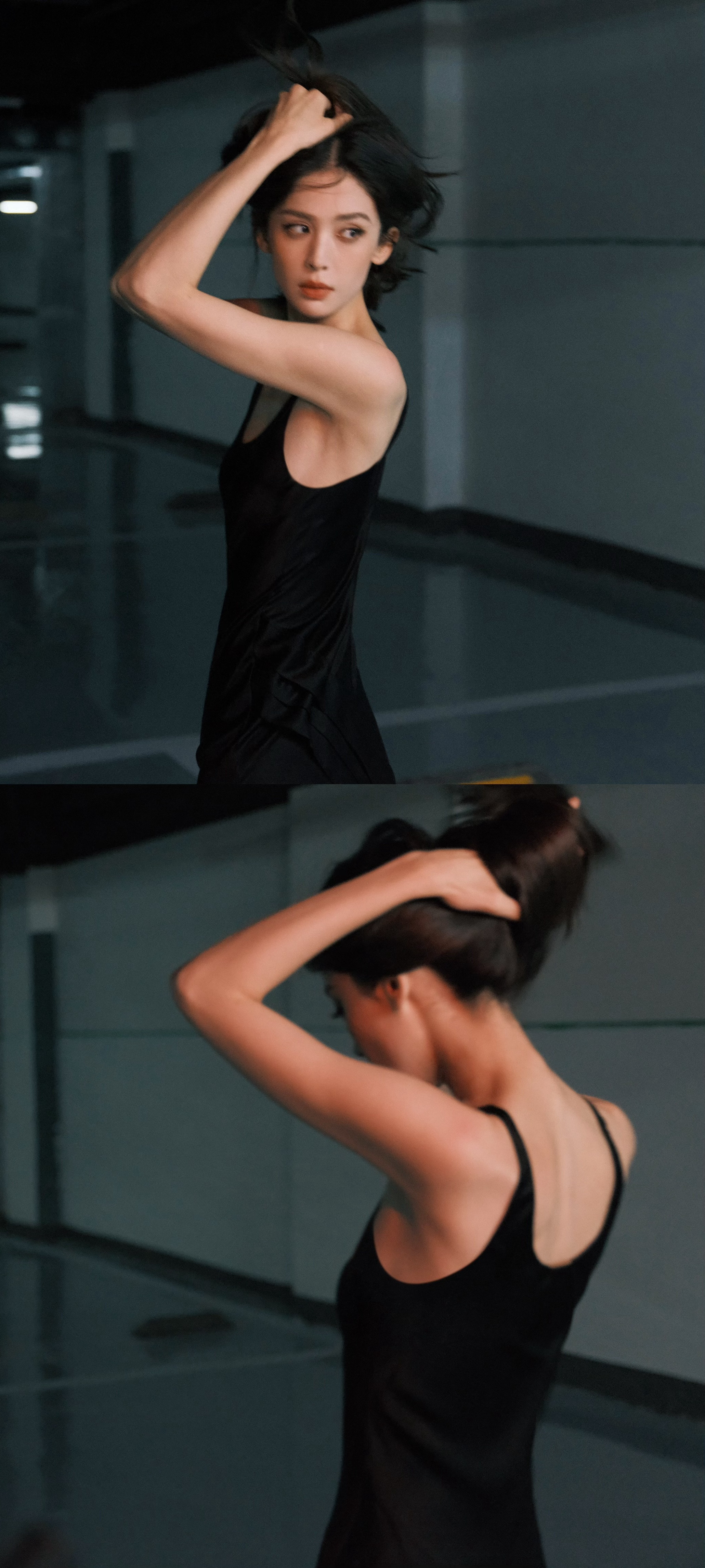 古力娜扎冷酷感壁纸，黑色吊带裙穿搭上线。娜扎