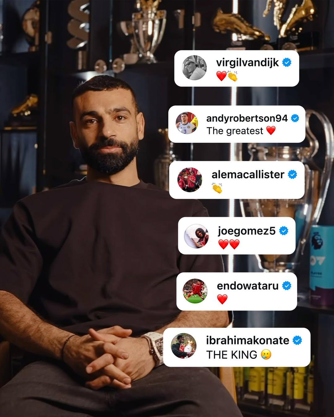 【红军队友祝福萨拉赫】在萨拉赫告别利物浦的动态下，队友们纷纷留言👇：范戴克