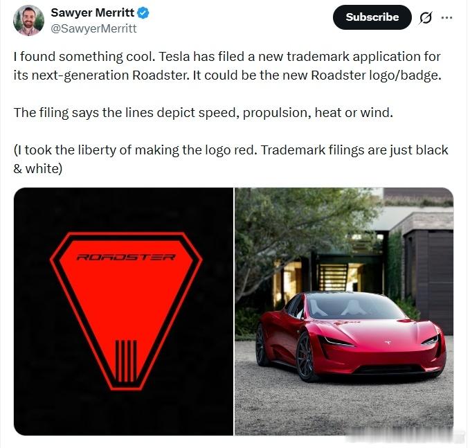 网友发现了特斯拉为其下一代Roadster提交的商标申请。这很有可能是新的Roa