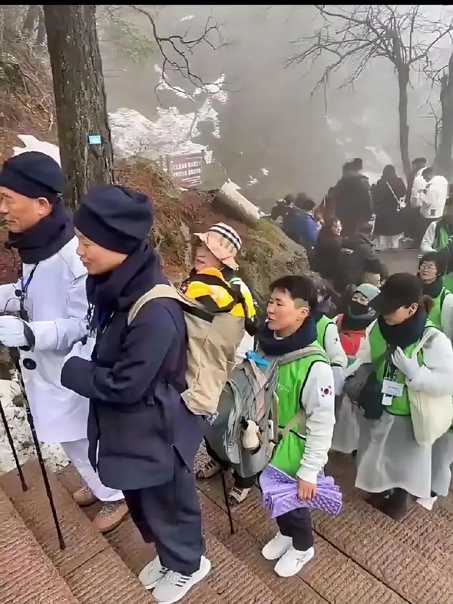 近日，有网友在九华山拍到一群韩国游客徒步参拜九华山，每走几步就停下来叽里咕噜的一