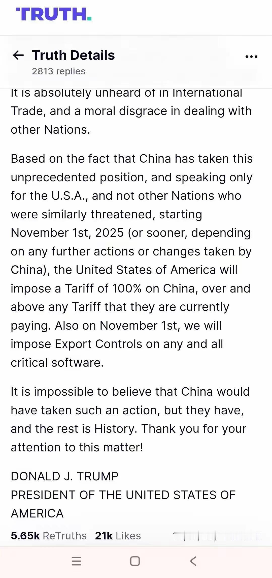 一觉醒来，美股崩了，川子发了多篇长文炮轰我们昨天发布的对稀土等的出口管制，并宣布