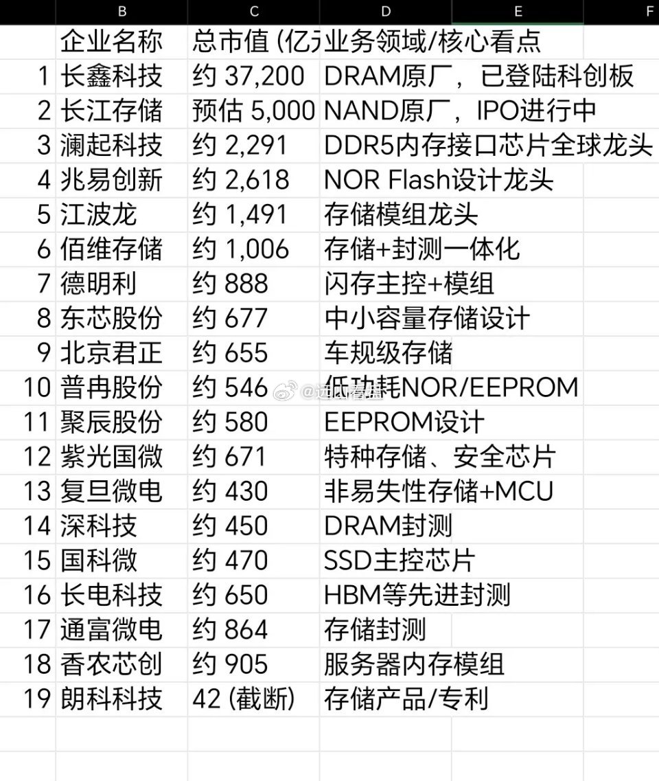 国产存储芯片排名，包括市值，业务领域和核心看点，半年报业绩情况。​​​
