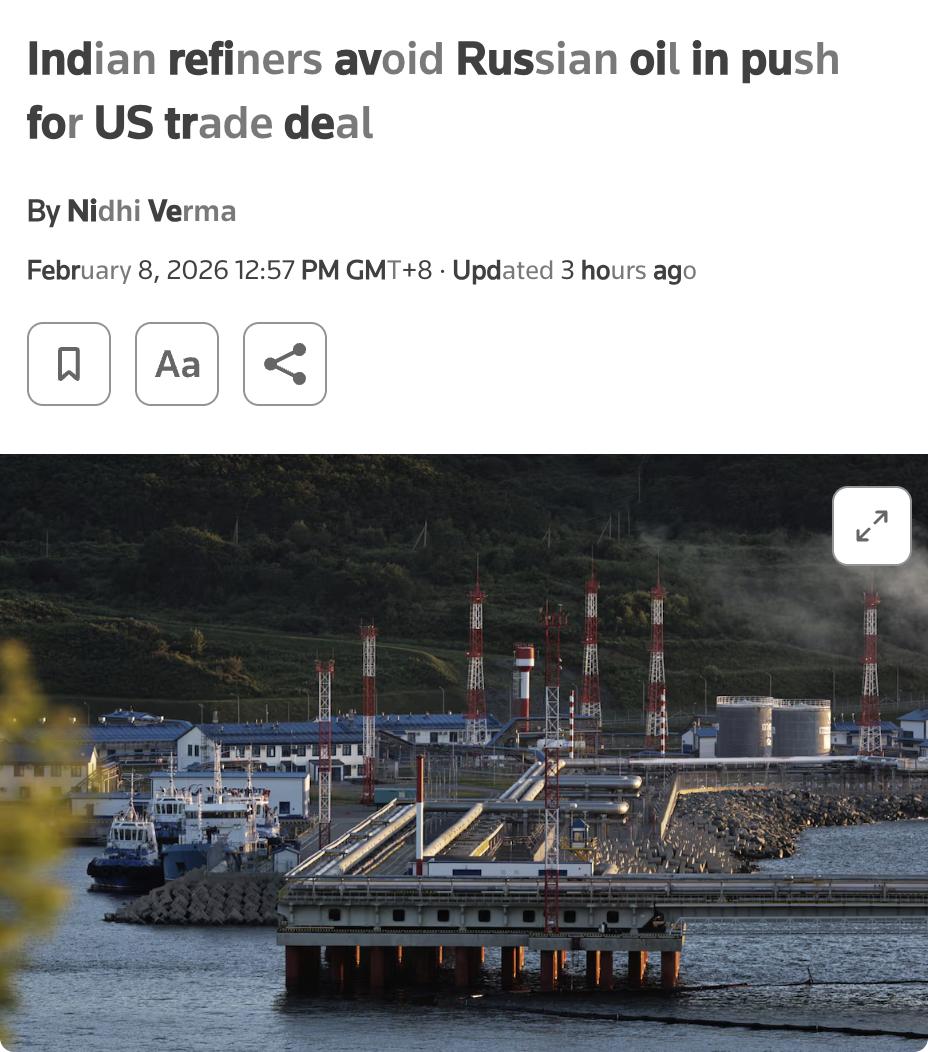 外媒：印度炼油商为推动与美国的贸易协议，正在避开俄罗斯石油。美国和印度于2月