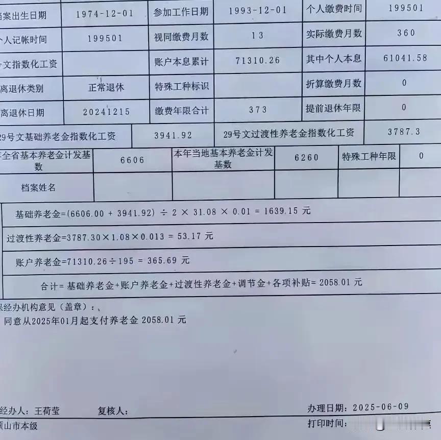 解读退休待遇核定表：31年工龄，月领2058元的现实图景基本信息：退休人员：