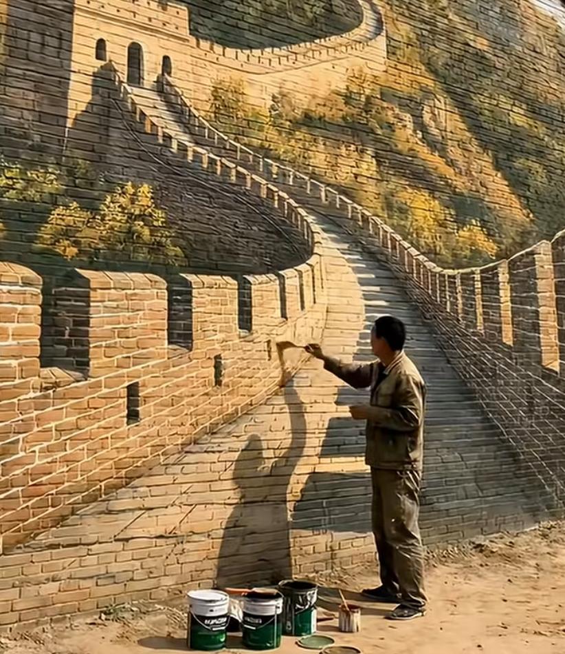 一位艺术家农民画家吴承言正在墙上画长城。当你看到这幅画时，
