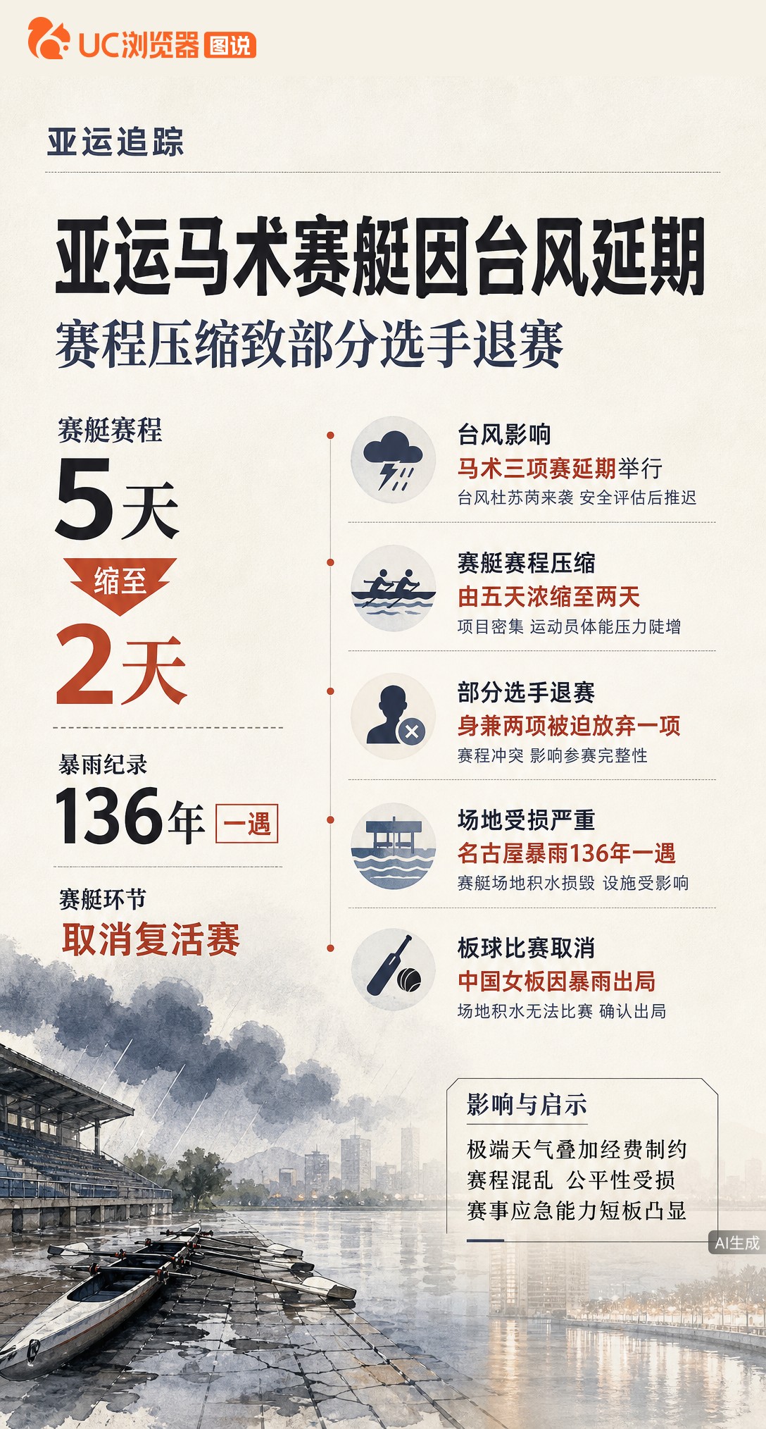 名古屋亚运遭136年一遇暴雨冲击！赛艇5天缩至2天、取消复活赛，马术延期。部分兼项选手被迫退赛，中国