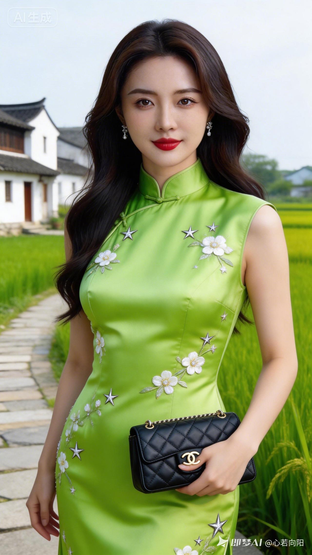 清新脱俗的绿色旗袍，搭配田园风光，尽显优雅气质！🌿💃