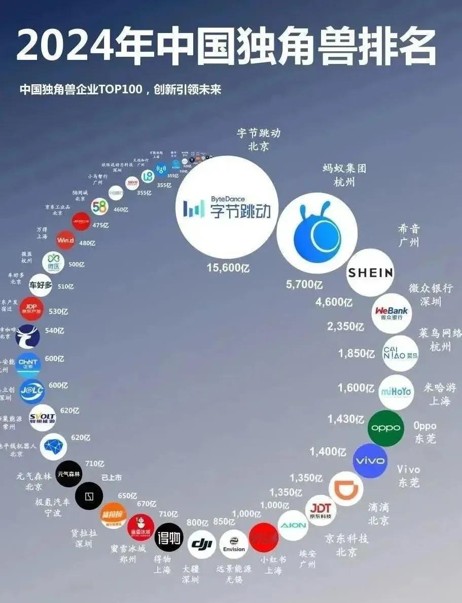 2024年中国独角兽100强企业出炉，意料之中，基本上都集中于北上广深杭几座城市