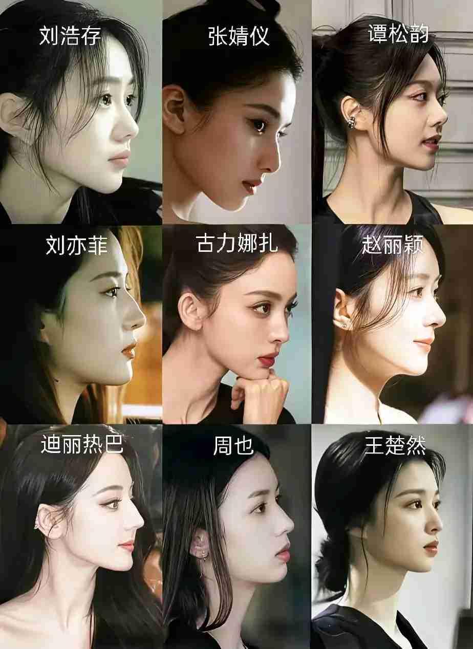 中国影视界美女如云，今天选出9位女星为代表，通过侧颜看她们的鼻子👃和测容，评价