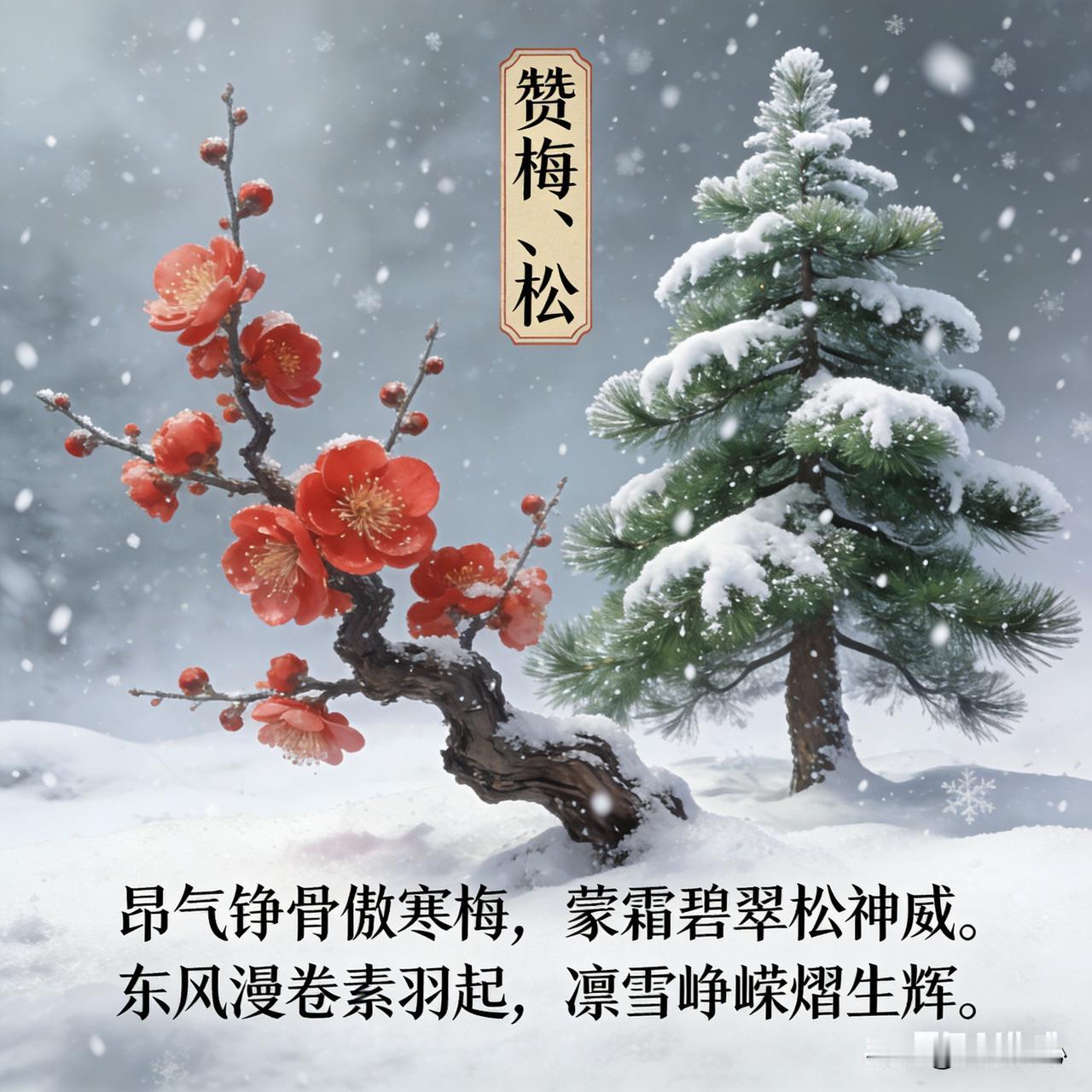 《赞梅、松》乐韵诗心原创诗词:昂气铮骨傲寒梅，蒙霜碧翠松神威。东风漫卷素羽