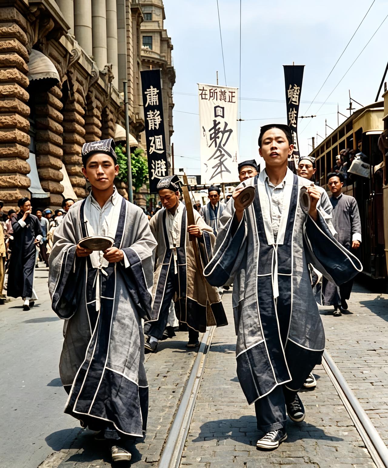 这是1947年上海街头做法事的道士们行走在大街上。前两名道士穿着相当时髦的“匡威