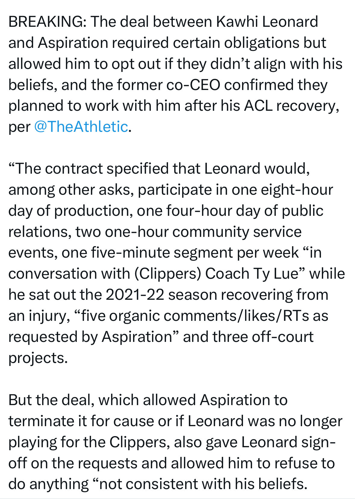 据《TheAthletic》报道，伦纳德与Aspiration的协议包含一定义
