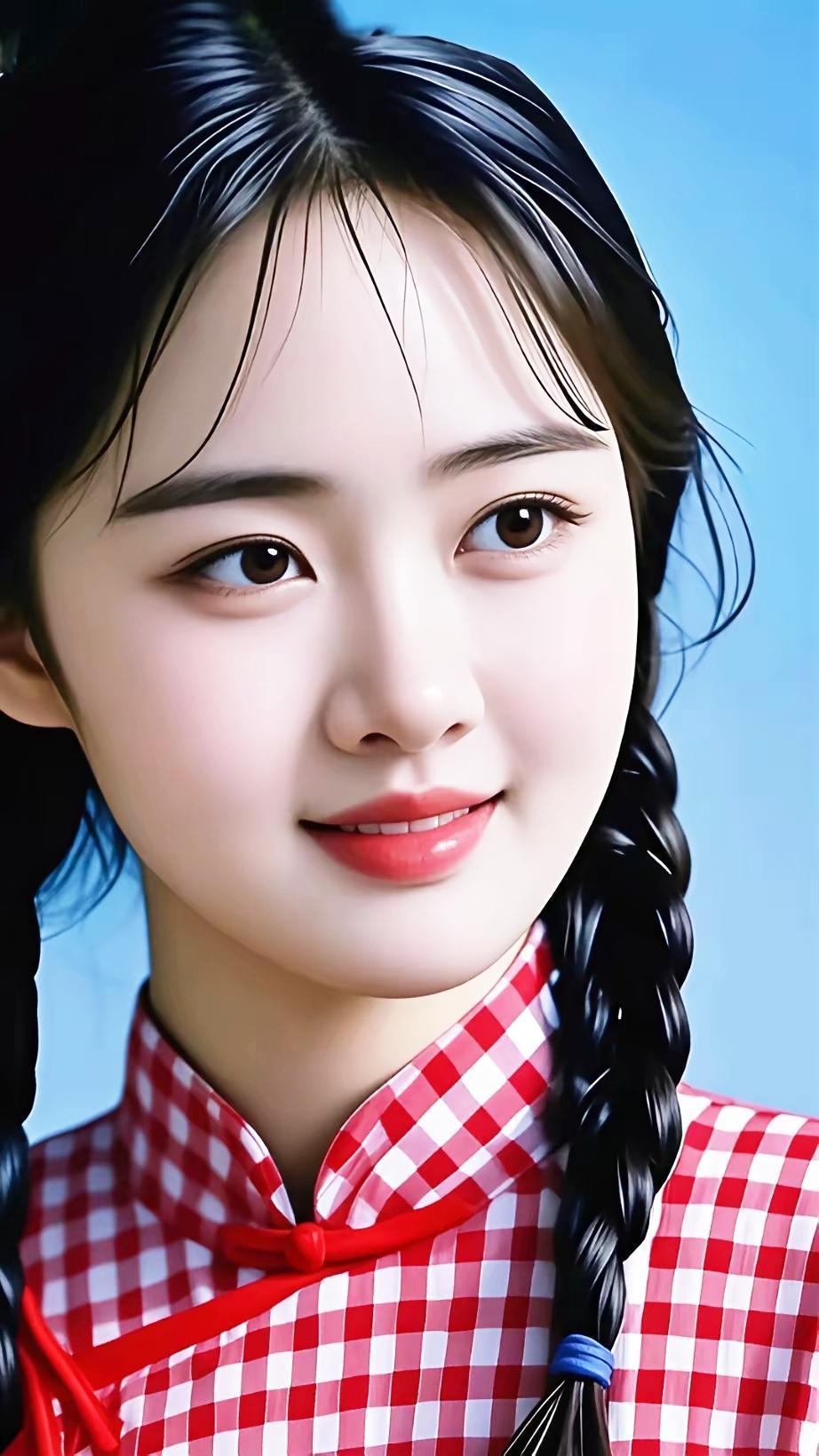 甜美少女，红白格子旗袍，双马尾辫，微笑动人