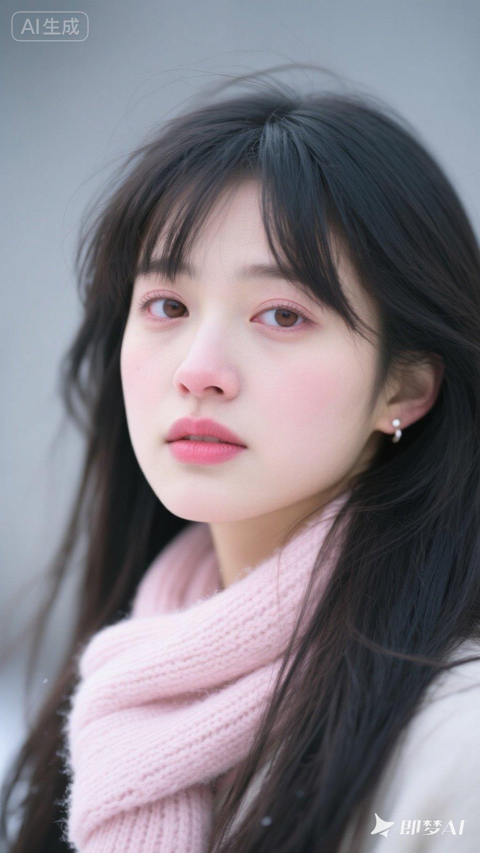 冬日暖阳下的少女，粉色的围巾与雪景相映成趣。