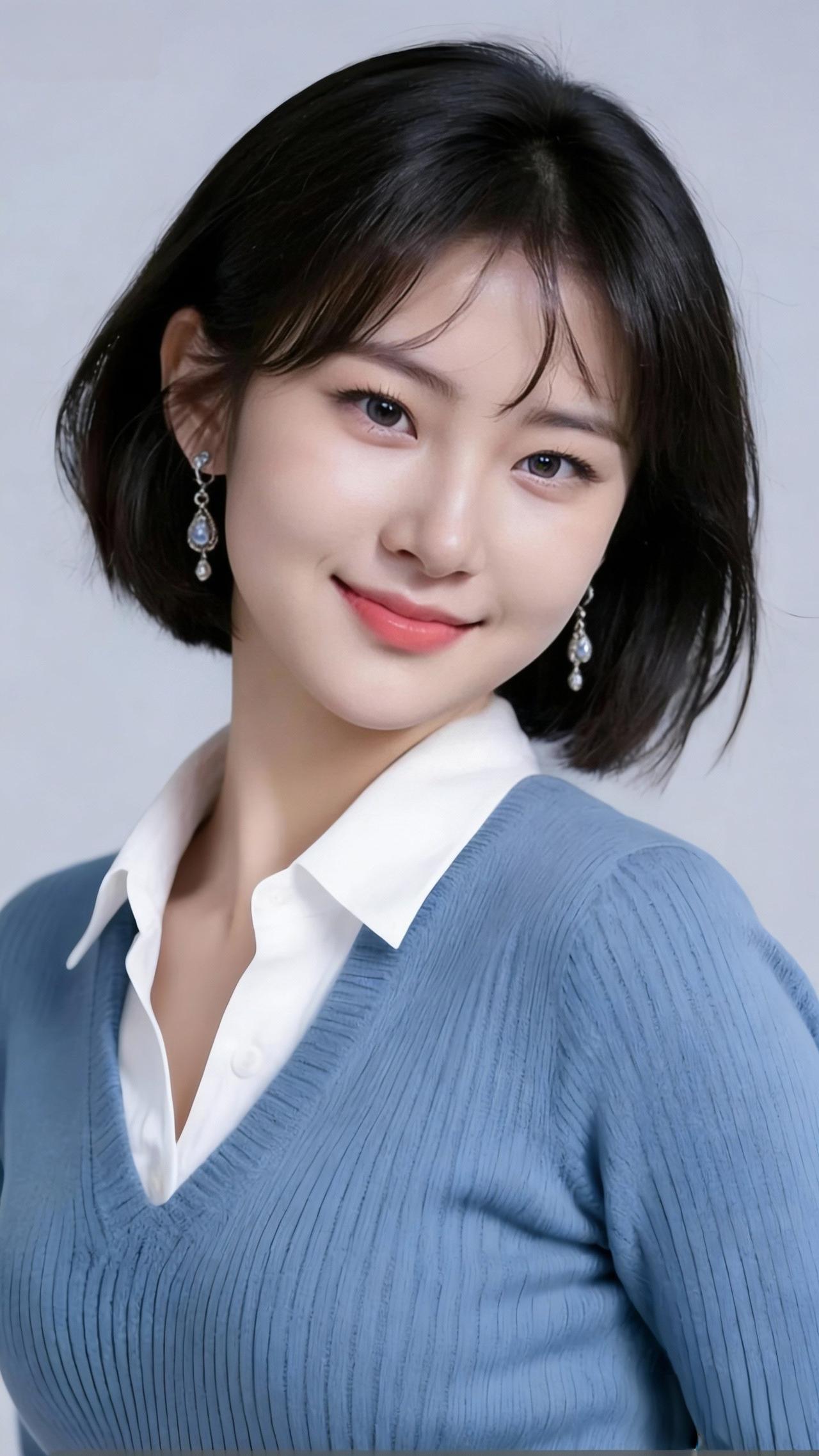 温柔甜美的笑容，蓝白相间的穿搭，尽显青春活力！🌸💙💙