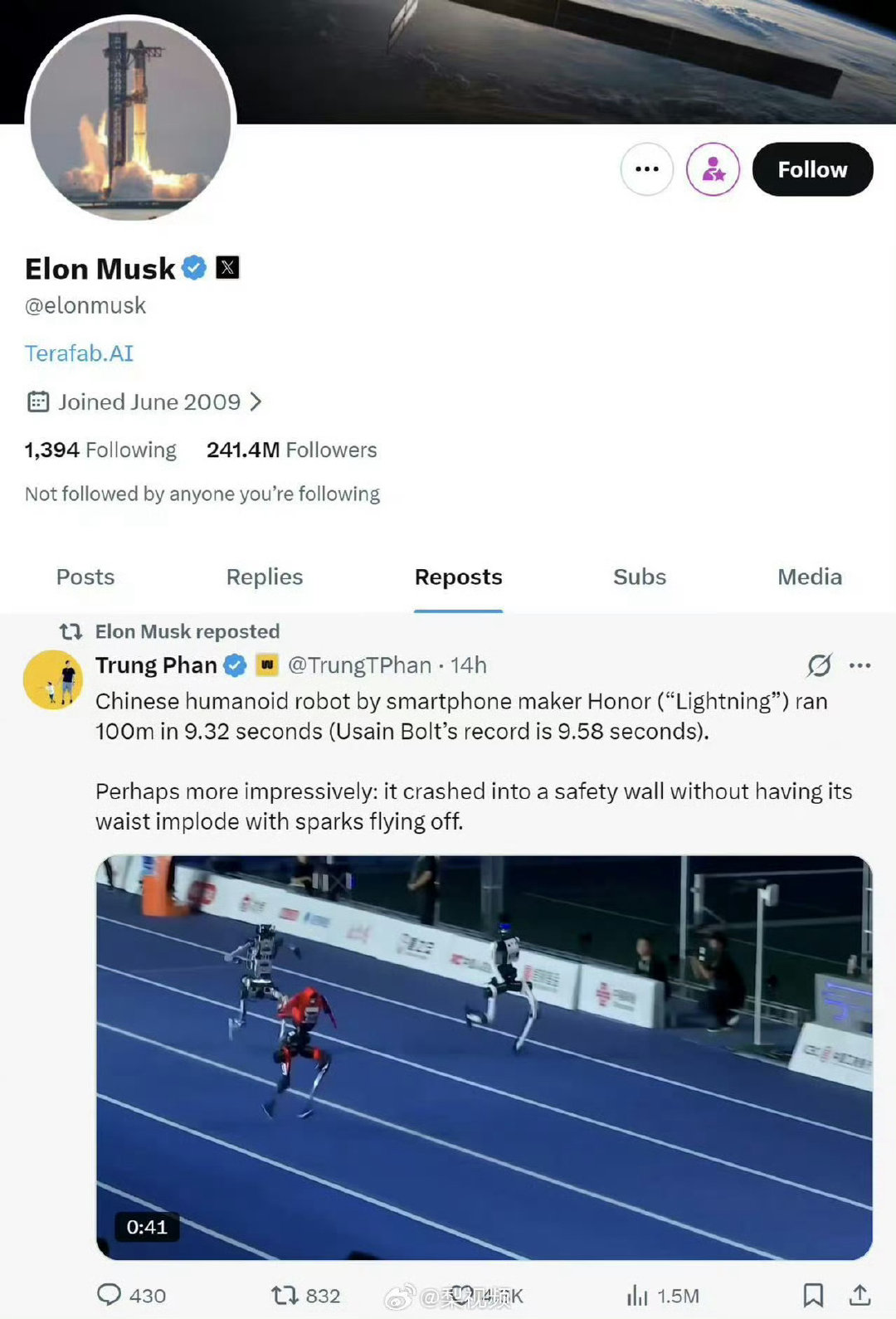 马斯克转了个中国机器人百米赛跑的视频，9秒32，比博尔特还快。从半马冠军到百米破纪录，中国机器人这是