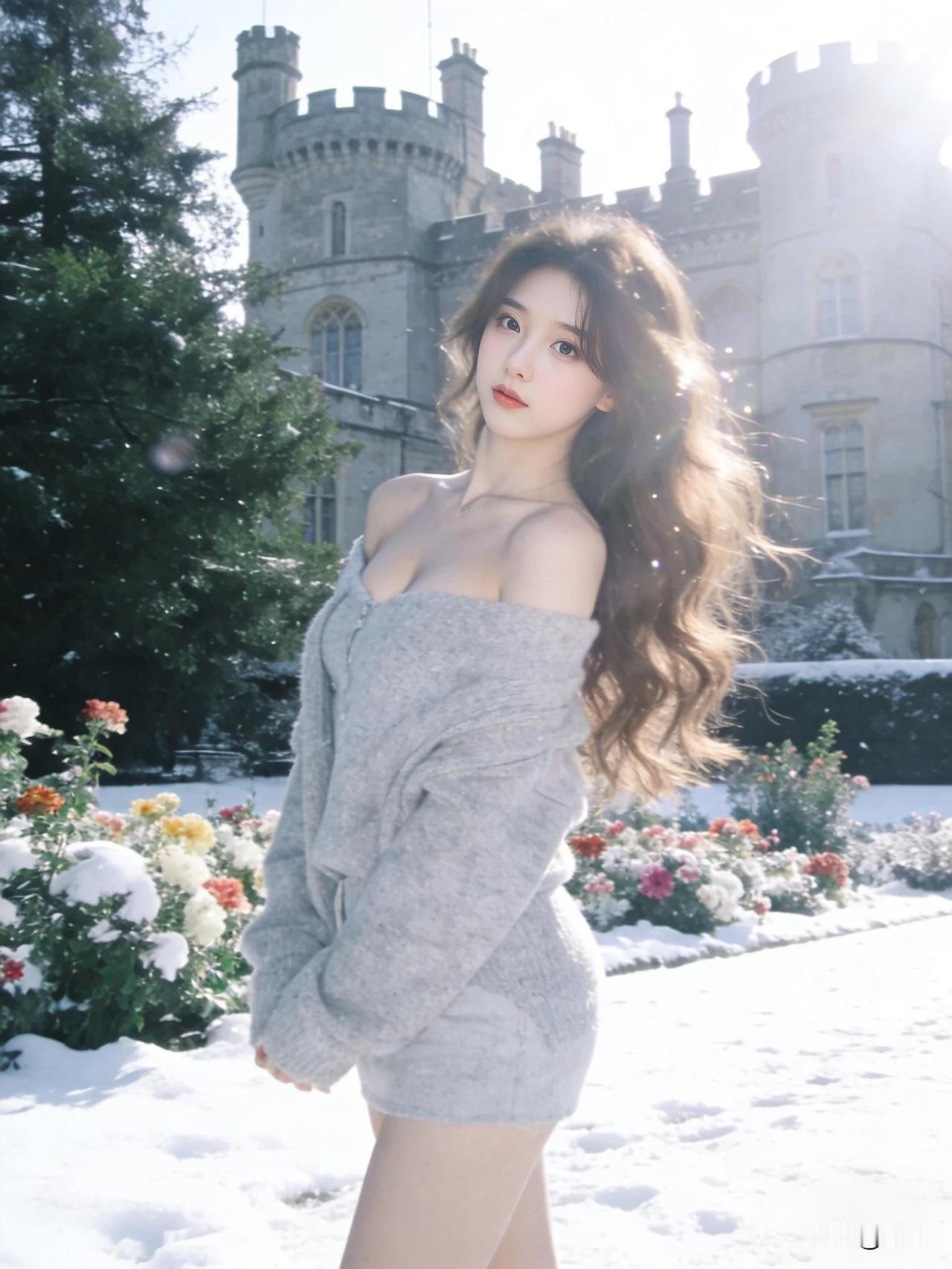 冬日城堡下的少女，雪地里的浪漫时光