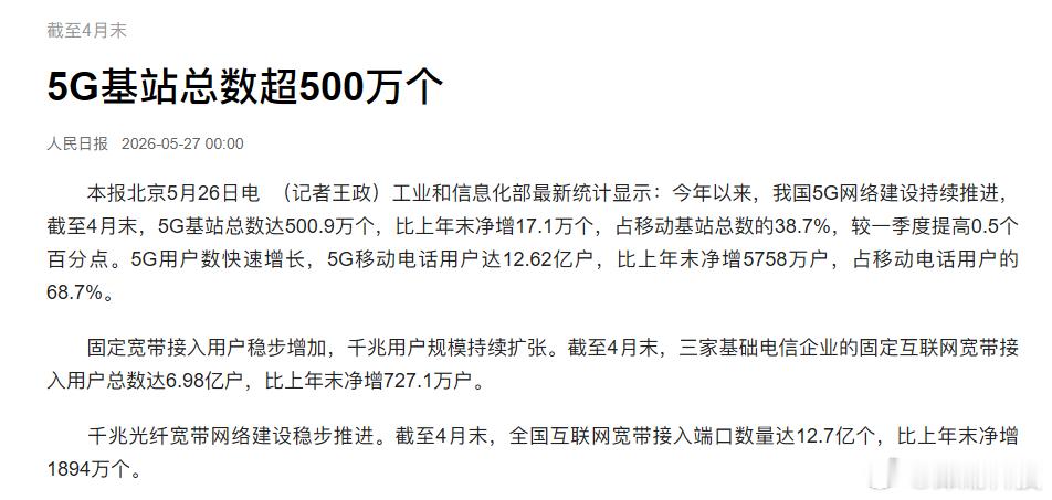 有没有感觉5G信号越来越好了？5G基站总数超500万个咯~