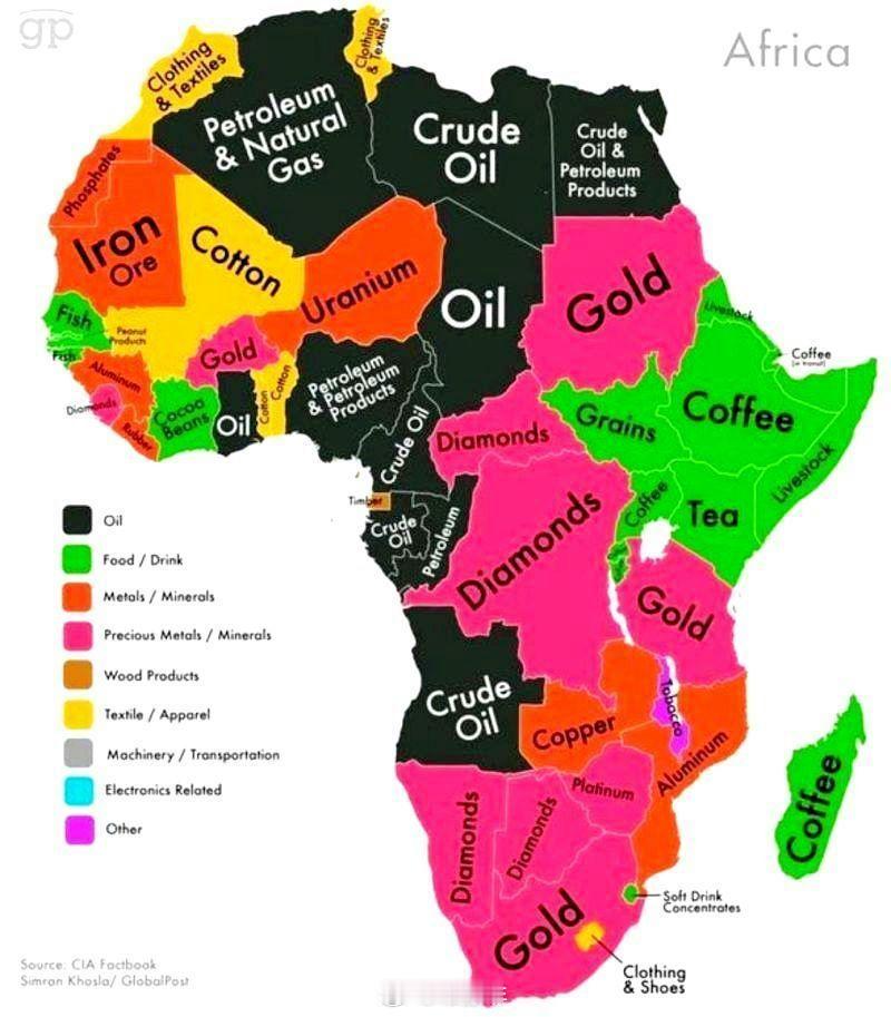 🌍非洲资源分布图⛽石油和天然气：尼日利亚、安哥拉、利比亚、阿尔及利亚💎