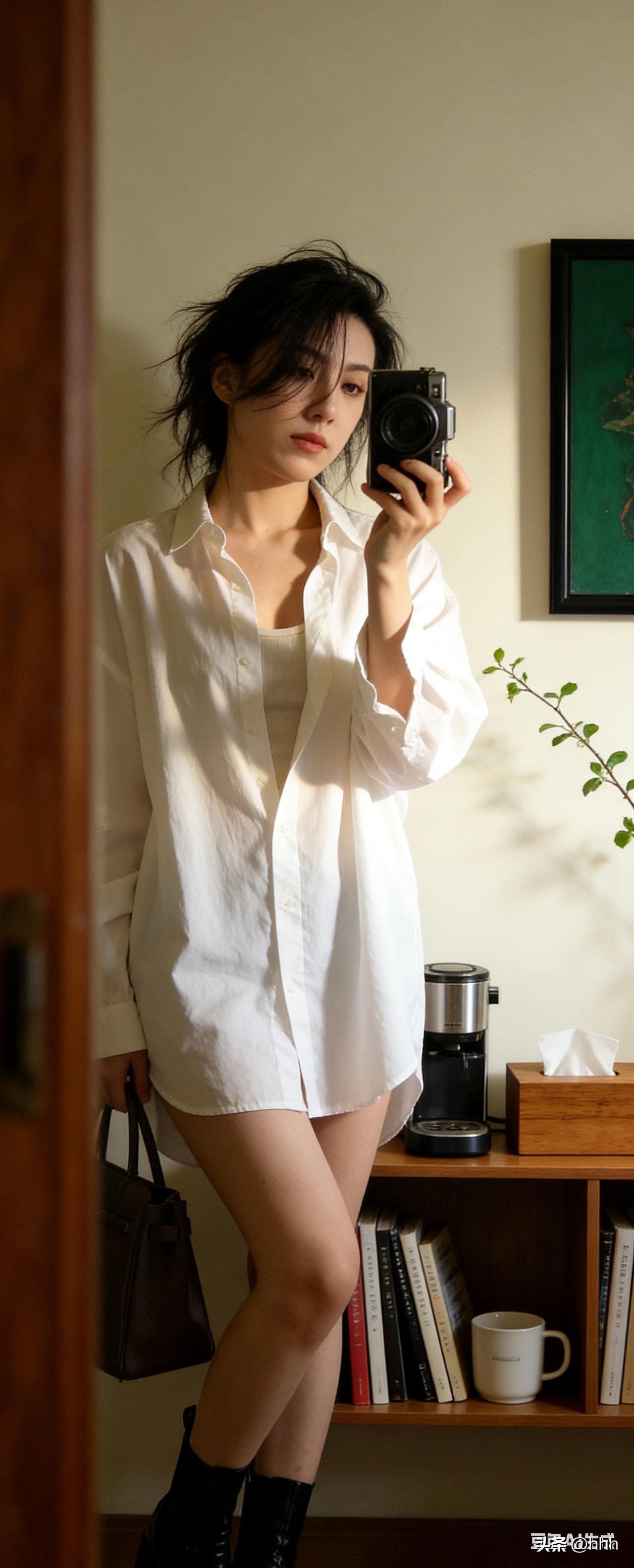 白色衬衫+黑色靴子，轻松自在，随性自然。