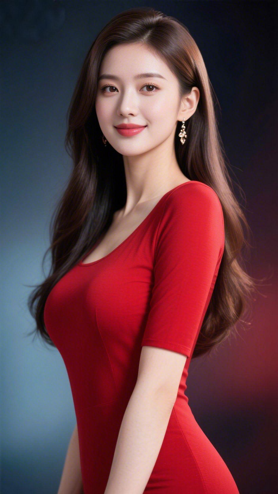 红裙裹着柔暖光暗调背景里，她立于光影间，像一捧暖透的绯云落定。正红裙