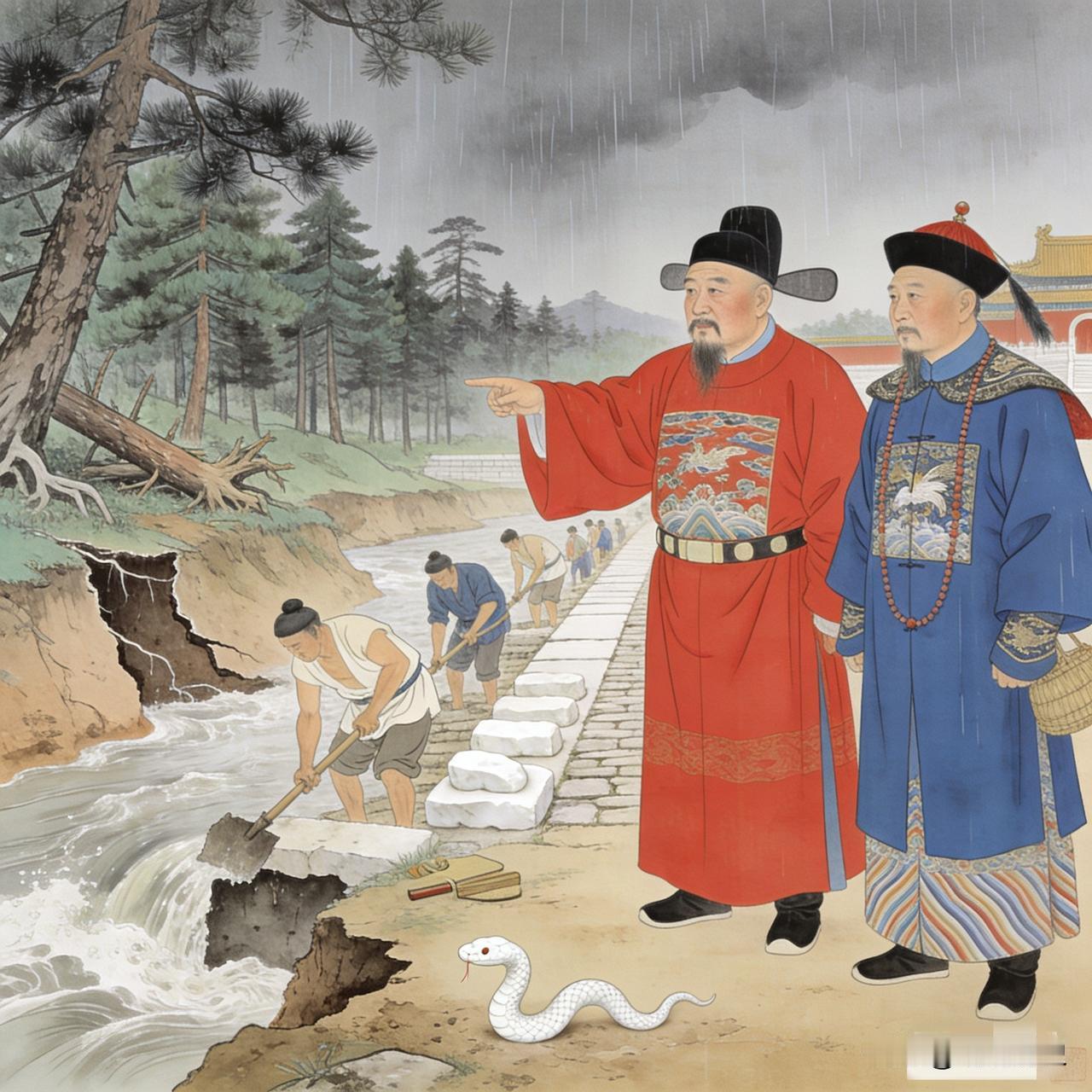 乾隆四十年夏天，一天晚上，乾隆伏在龙案上打盹儿，迷迷糊糊中连续三次梦到九条小白蛇