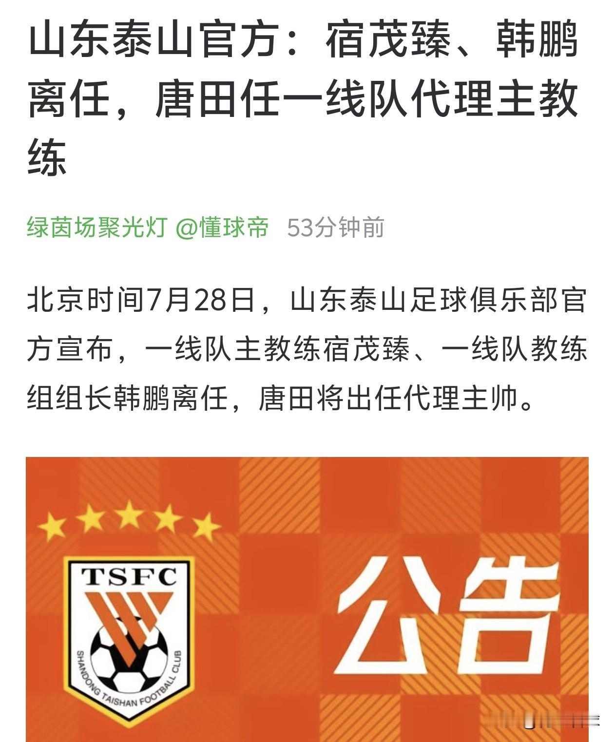 山东泰山的今年成绩不理想，宿茂臻和韩鹏的责任不大。今年夏窗，山东泰山在引援方面缺