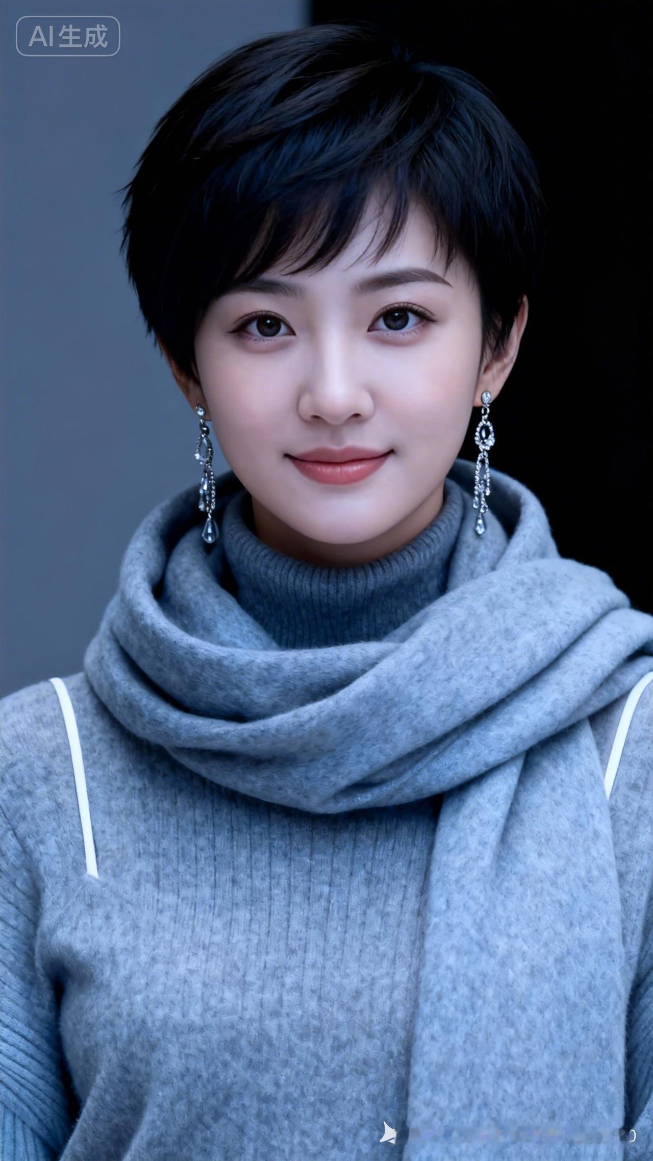 冬日暖阳下的温柔微笑，灰色毛衣与围巾的完美搭配，尽显冬日时尚。