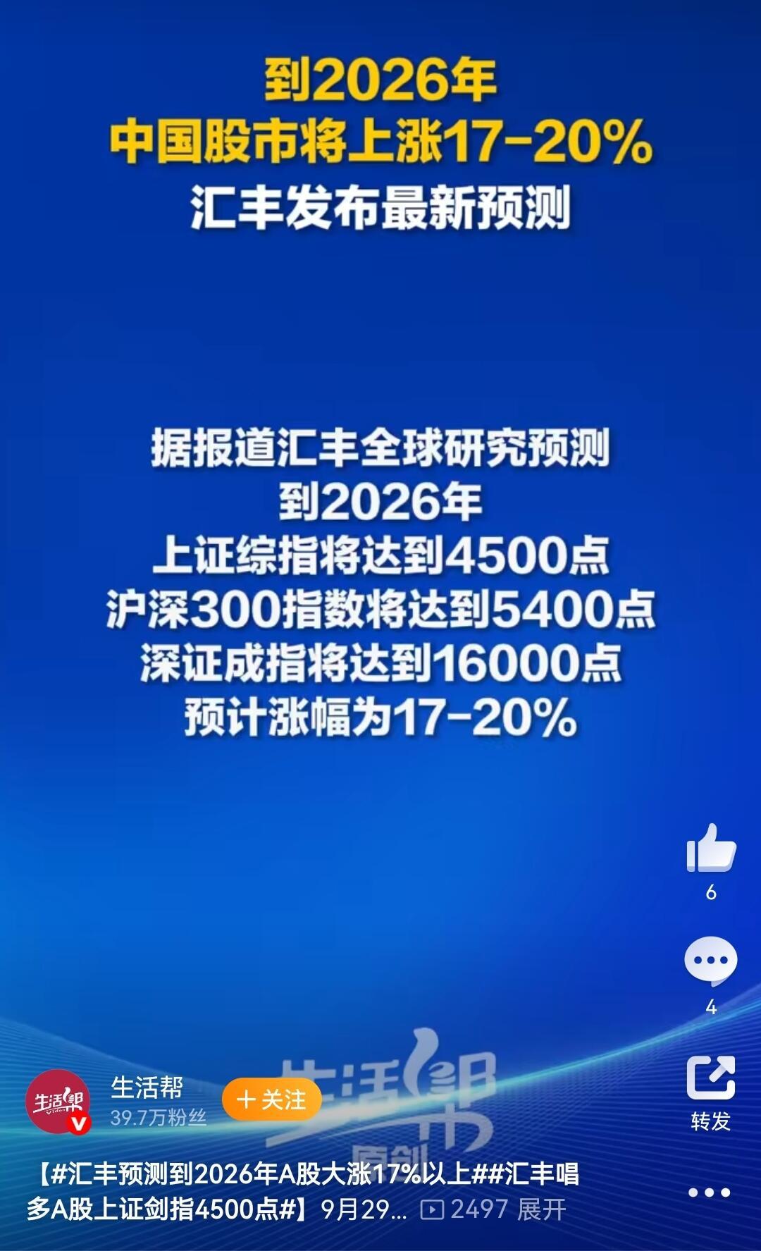 得，汇丰又出来预测A股了，说2026年上证能冲到4500点，沪深300到5400