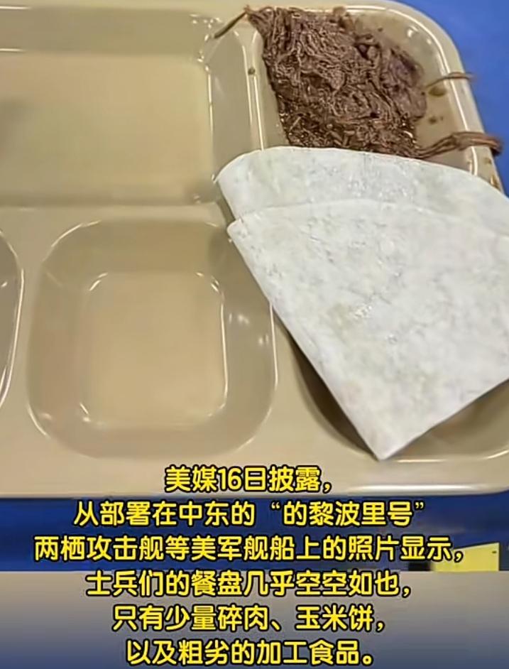 美国大兵在“林肯”号和黎波里号上的午餐，两张玉米饼一些碎牛肉和胡萝卜.面包片，这