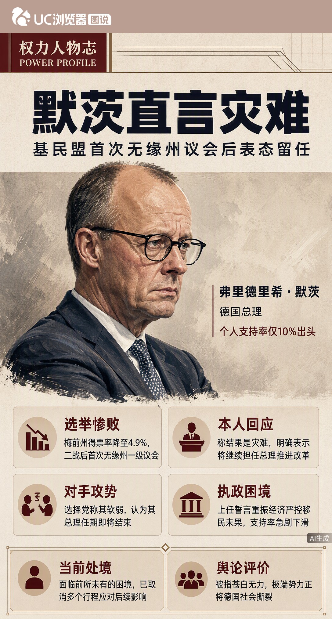 梅前州选举爆冷，极右翼选择党登顶，基民盟二战后首次无缘州议会。默茨直言“灾难”却拒辞职，但对手已放话