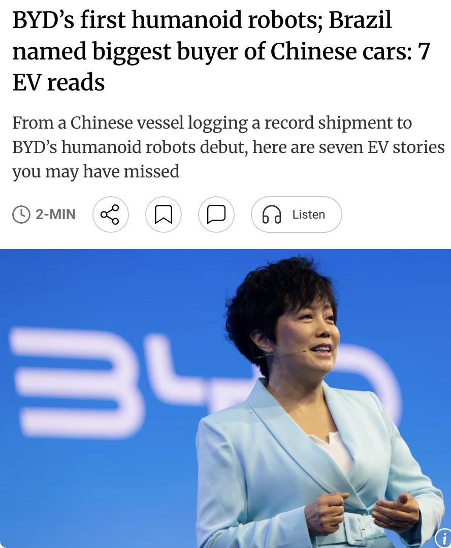 外媒：比亚迪计划8月发布首款人形机器人，加速布局具身智能市场以对抗特斯拉；巴