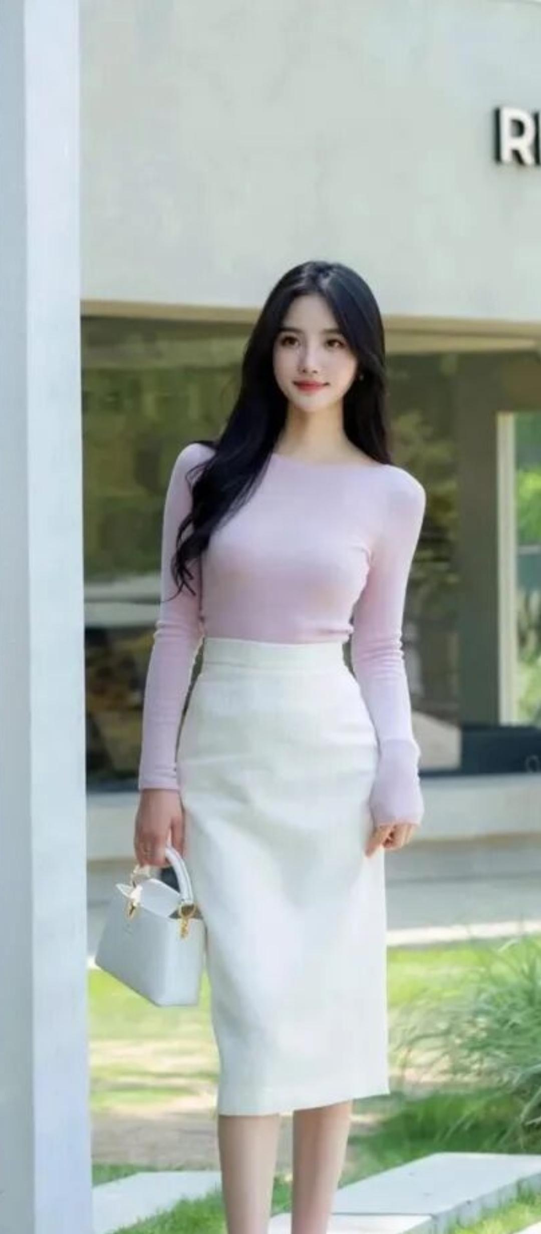 粉衣美人倚栏立，白裙飘飘似云烟。